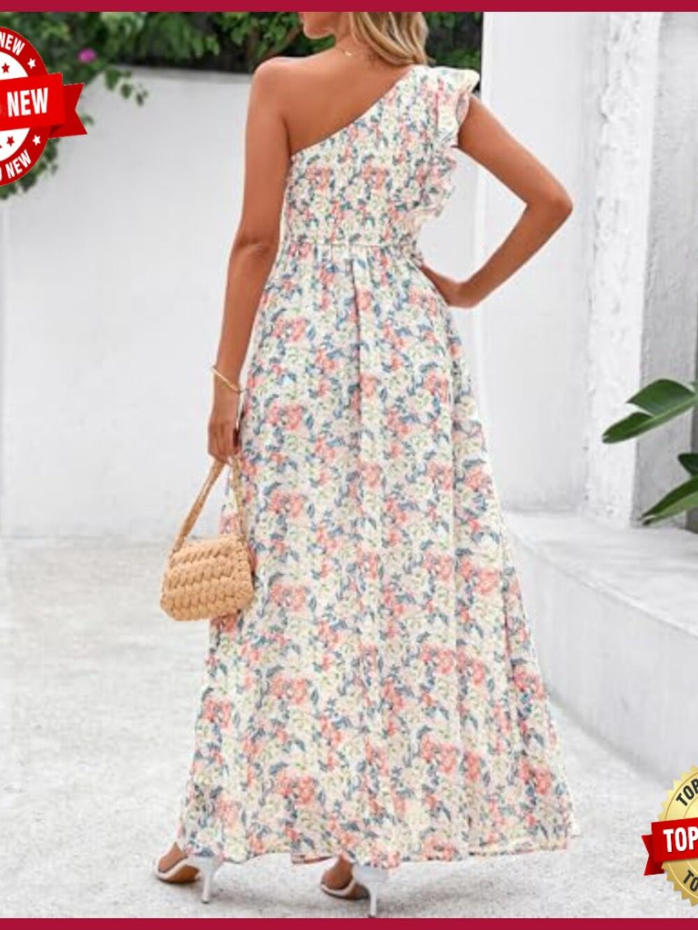 One Shoulder Floral Maxi Dress Smocked Back Ruffle Sleeveless Beach Wedding - Picture 3 of 7